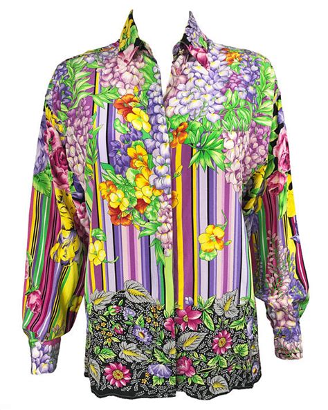 versus versace striped and floral silk shirt vintage|Vintage 90s Versus Versace Floral Printed Silk Button Up Shirt.